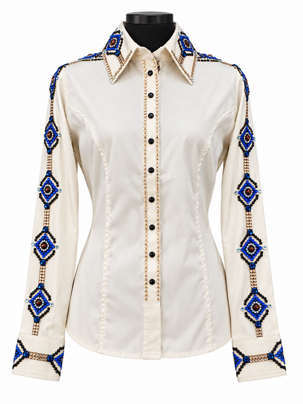 Showblouse white satin with blue stones