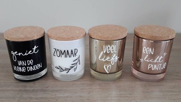 ACTIEPRIJS - Geurkaars met kurken deksel - groot - met opdruk - diverse kleuren