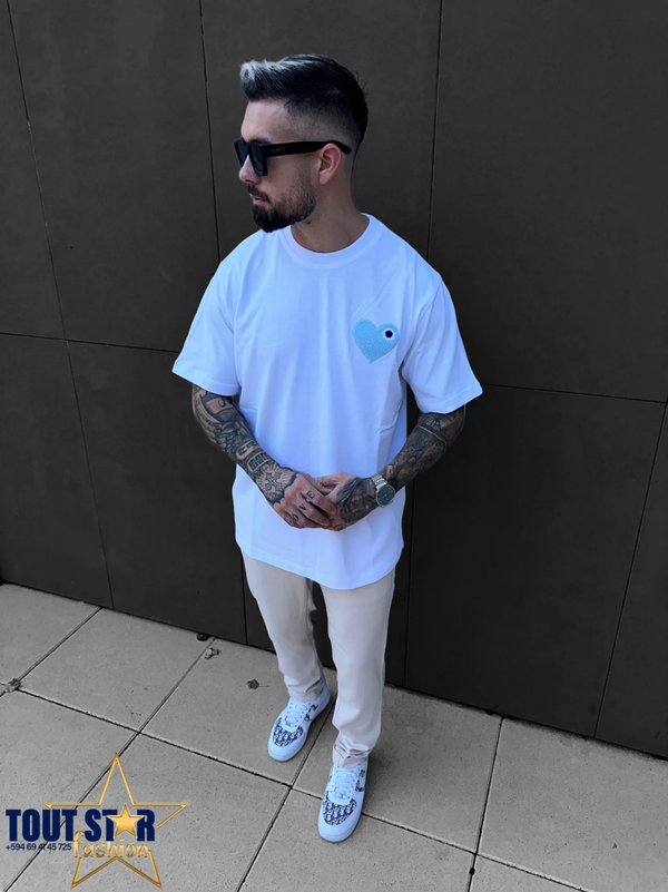 :ADJ - T-SHIRT BLANC COEUR BLEU CIEL