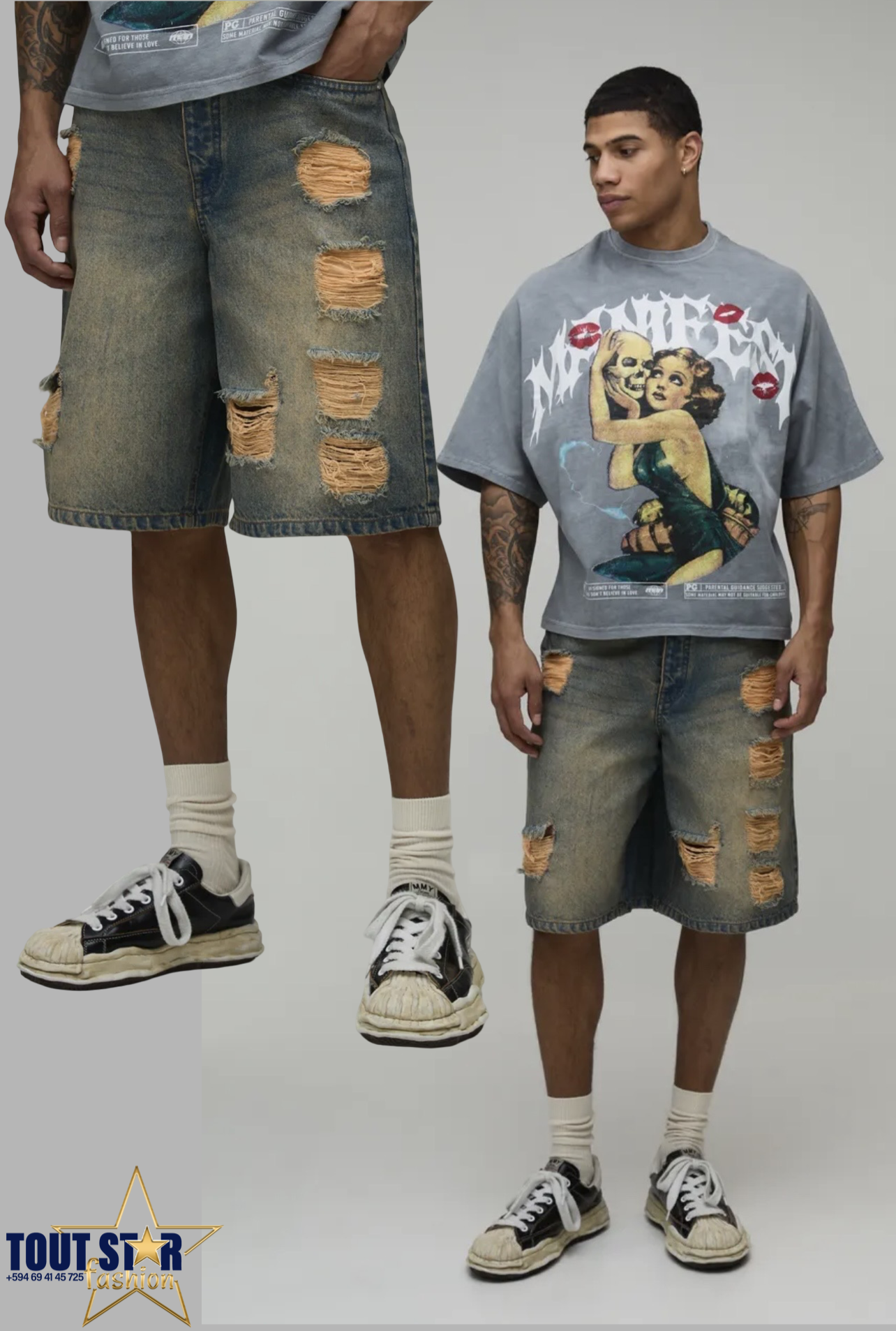 BoohooMAN Extreme Baggy Ripped Denim Shorts – Blue
