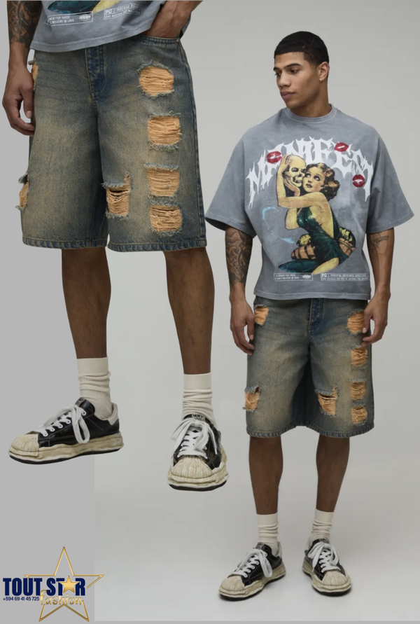 BoohooMAN Extreme Baggy Ripped Denim Shorts – Blue