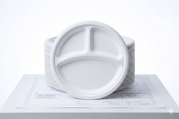 50 Pack 3 Compartment Paper Plates, Heavy Duty Sugarcane Bagasse Plates