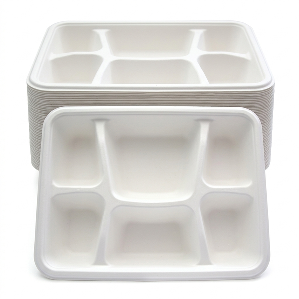Heavy duty 6 compartment sugarcane paper plates