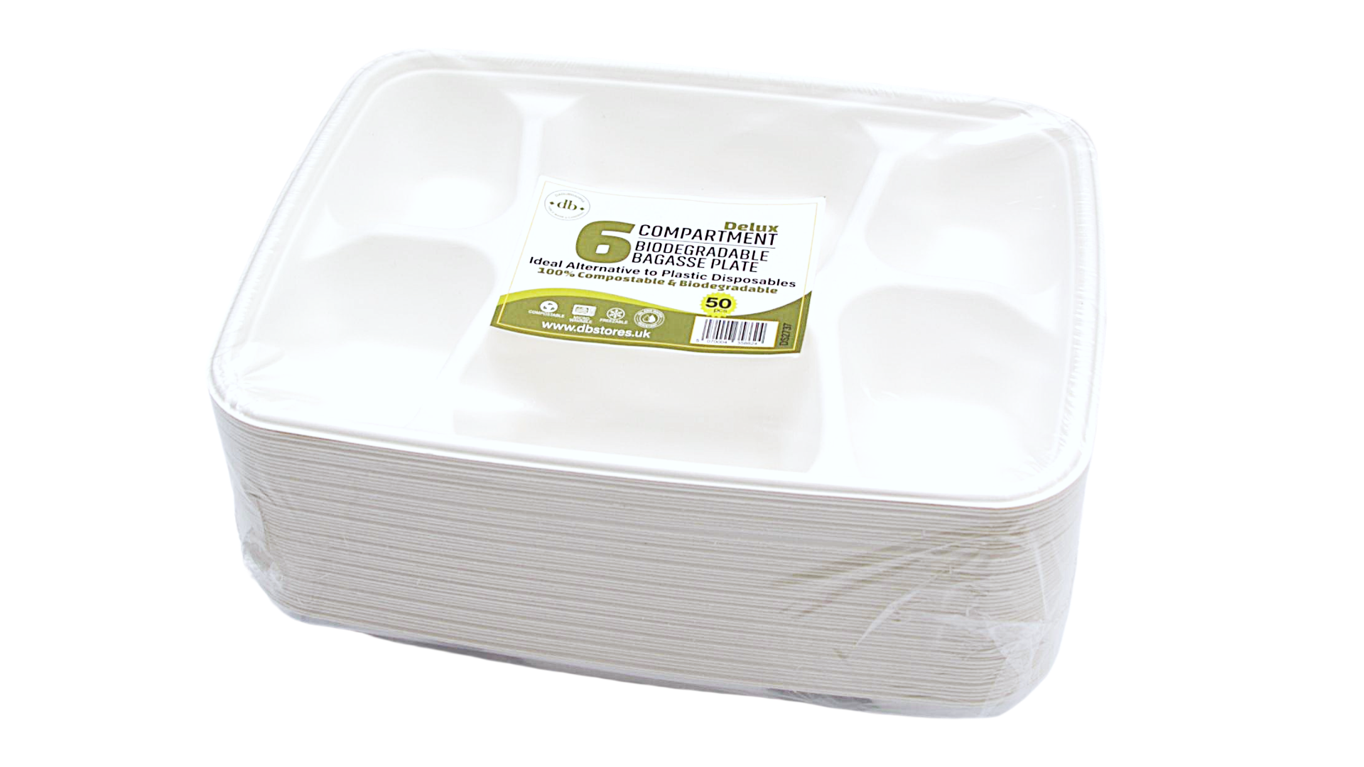 Biodegradable 6 Compartment Plates 50 Pack, Heavy Duty Bagasse Disposable Food Trays, Eco Friendly Compostable Party Catering Plates