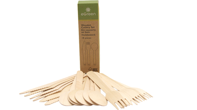Wooden cutlery set with spoons, forks and knives
