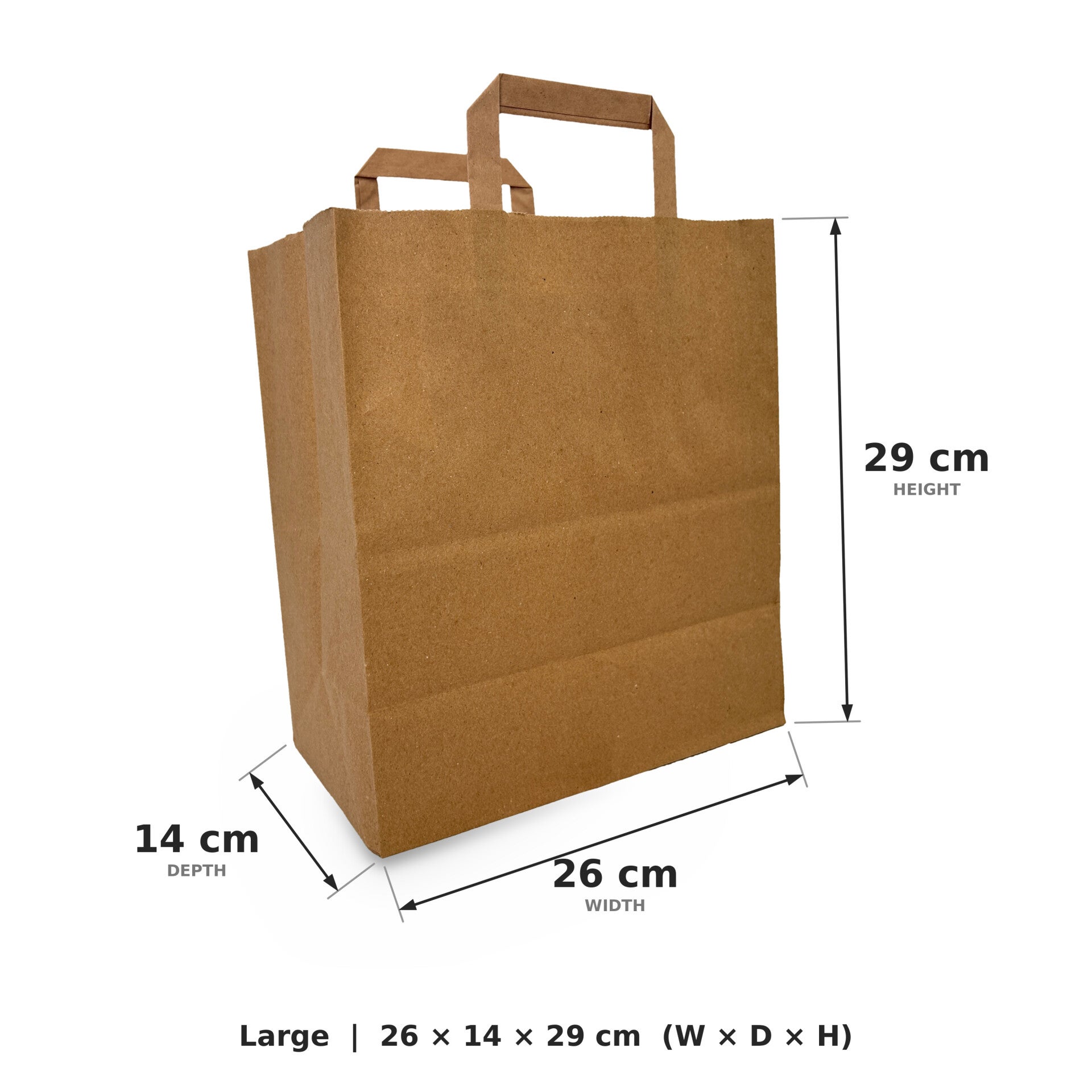 Large SOS paper bags with flat handles, brown kraft, 26x14x29cm