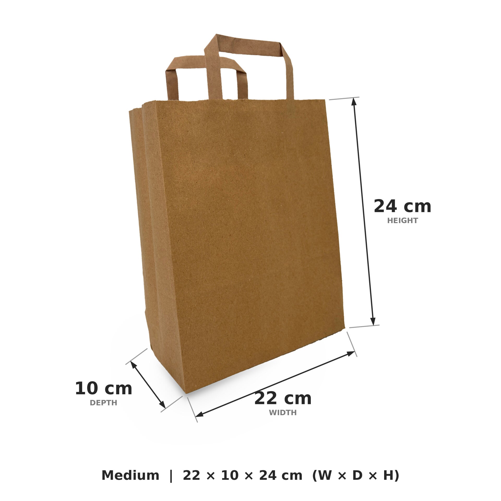 Medium SOS paper bags with flat handles, brown kraft, 22x10x24cm