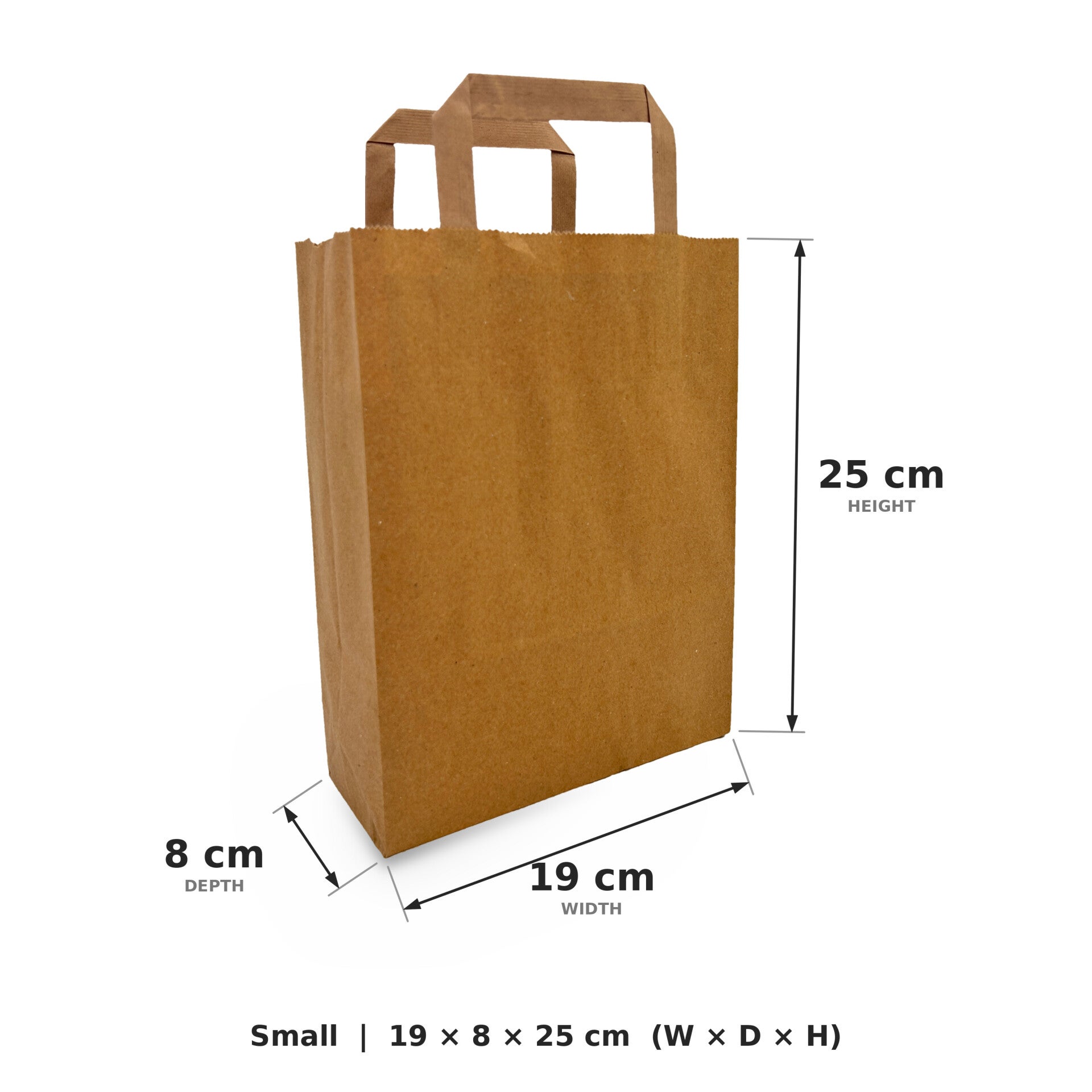 Small SOS paper bags with flat handles, brown kraft, 19x8x25cm