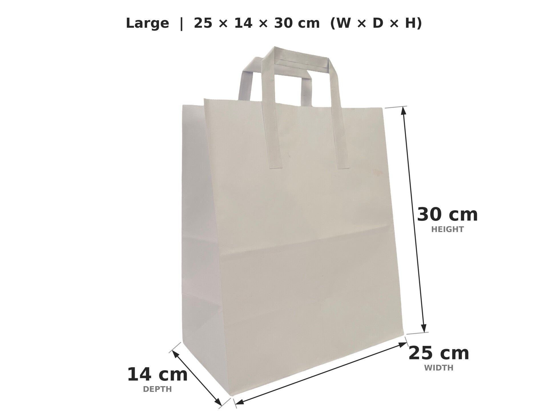 Large white paper carrier bags with external flat handles, 25x14x30cm
