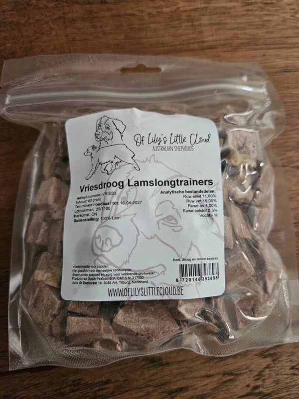 Vriesdroog Lamslong Trainers, de perfecte beloningssnack voor elke training, 60gr,