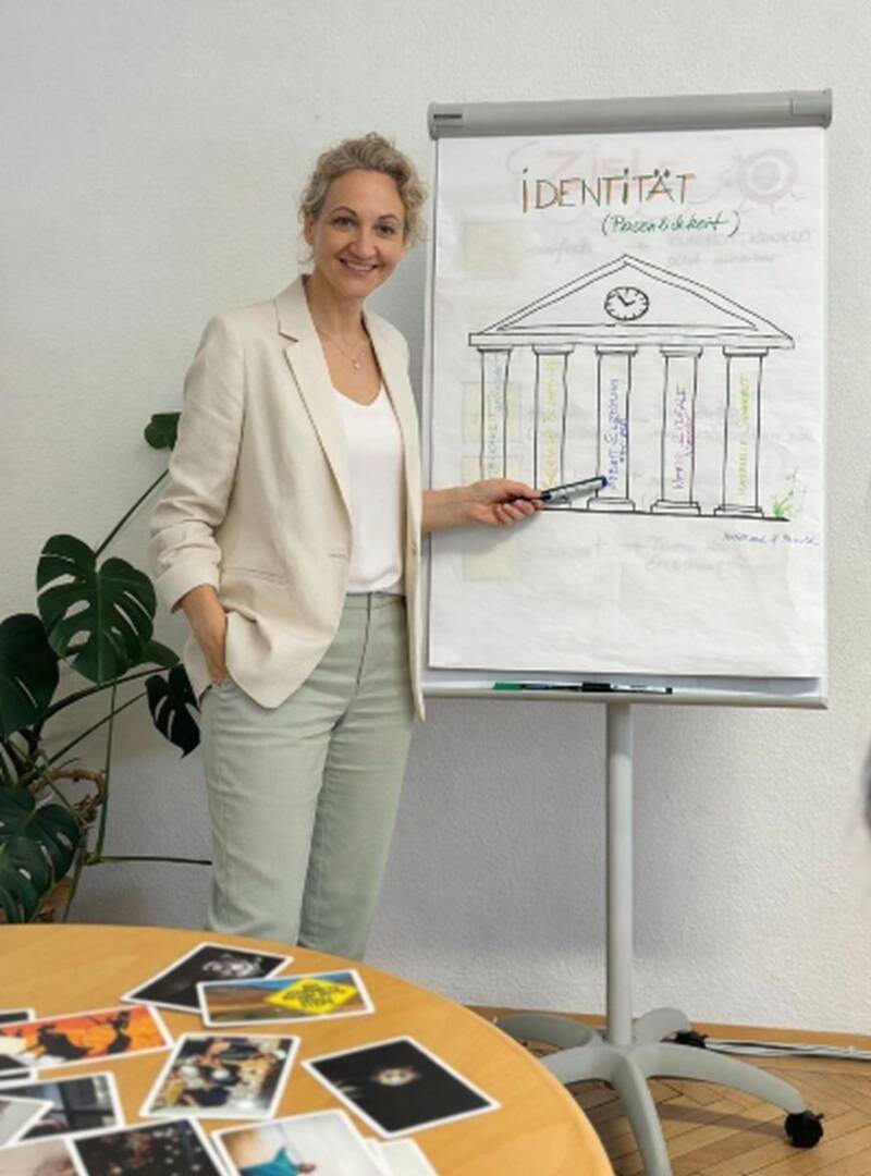 Christina Eckl erklärt Inhalte an einem Flipchart in einem Training