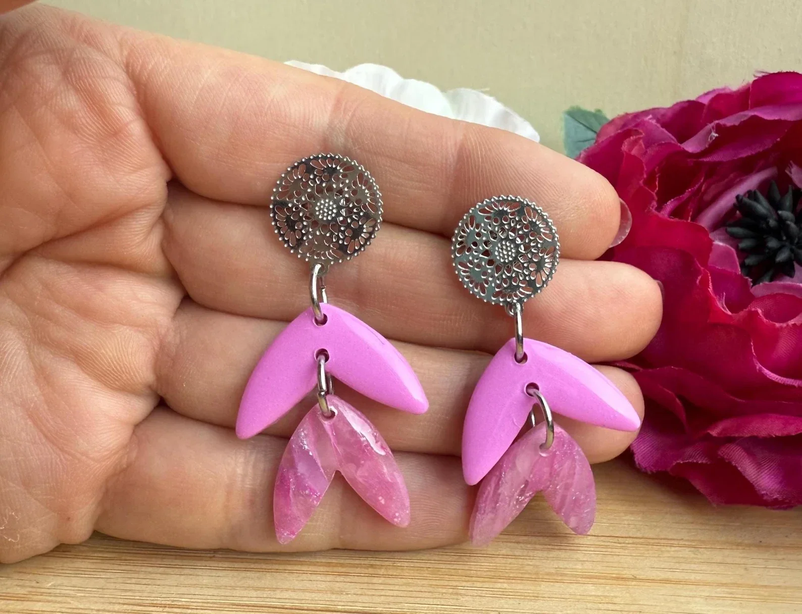 Polymer Clay Ohrringe, Ohrhänger "Rose" rosa/silber