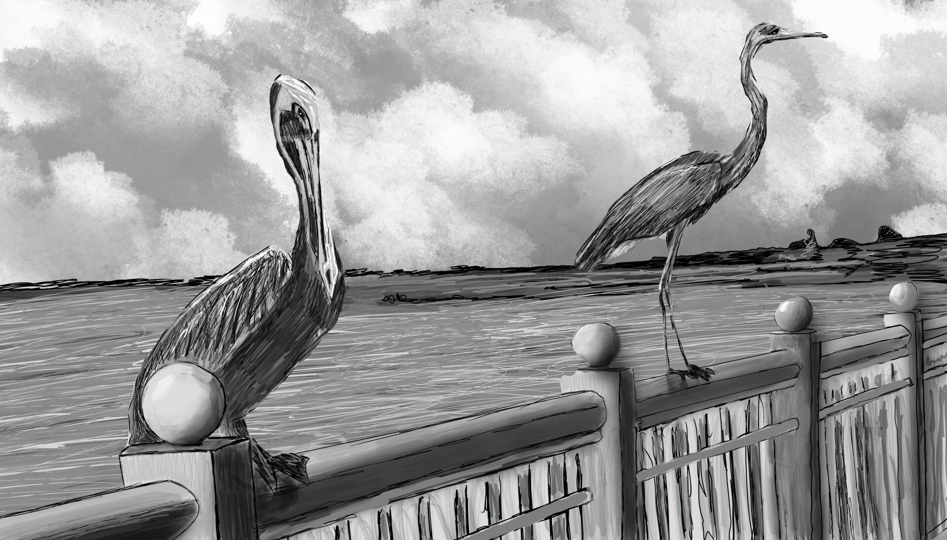 Grayscale drawing of two large birds perched on a waterfront railing.
