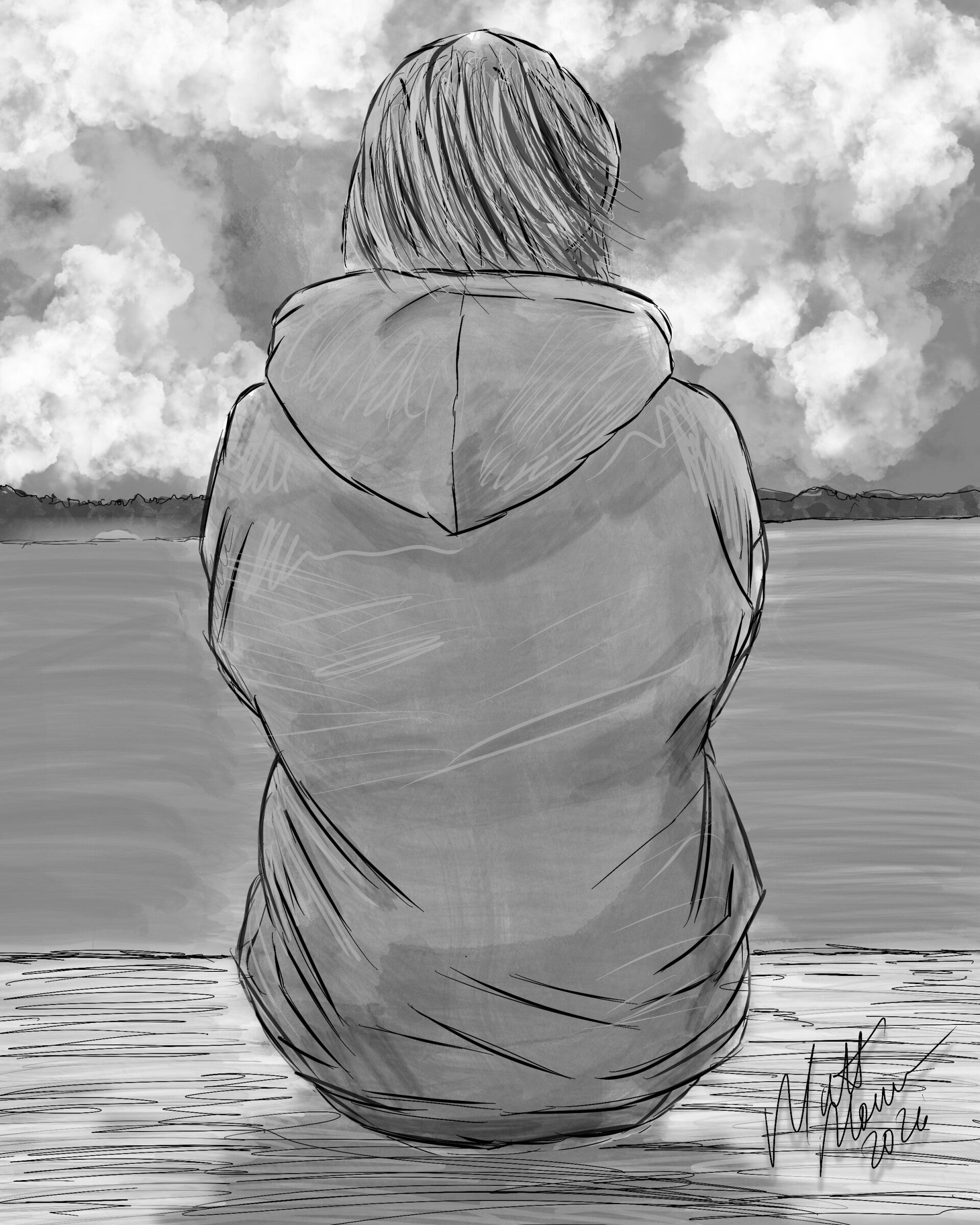 Grayscale figure in a hooded jacket looking across the water beneath clouds.
