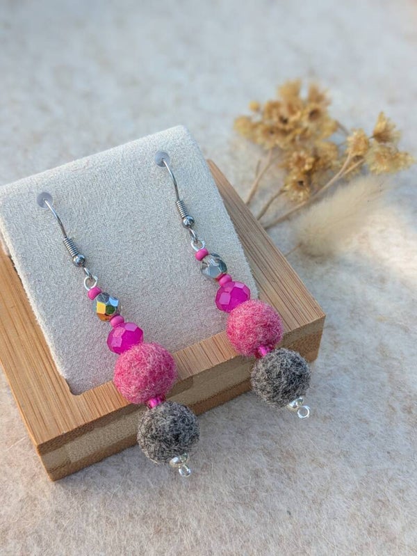 Boucles d'oreilles bicolores - roses chinées et grises chinées-sur commande