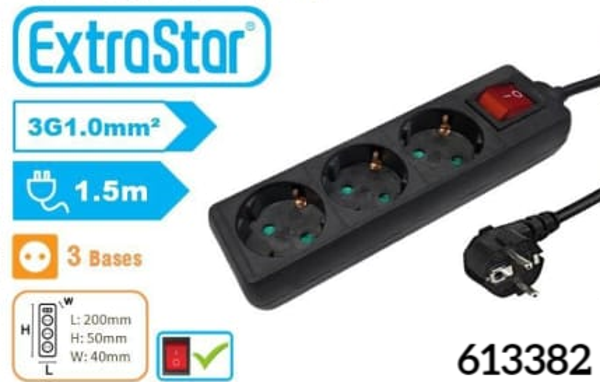 ALARGADERA 3 TOMAS CON INTERRUPTOR 1,5m NEGRA