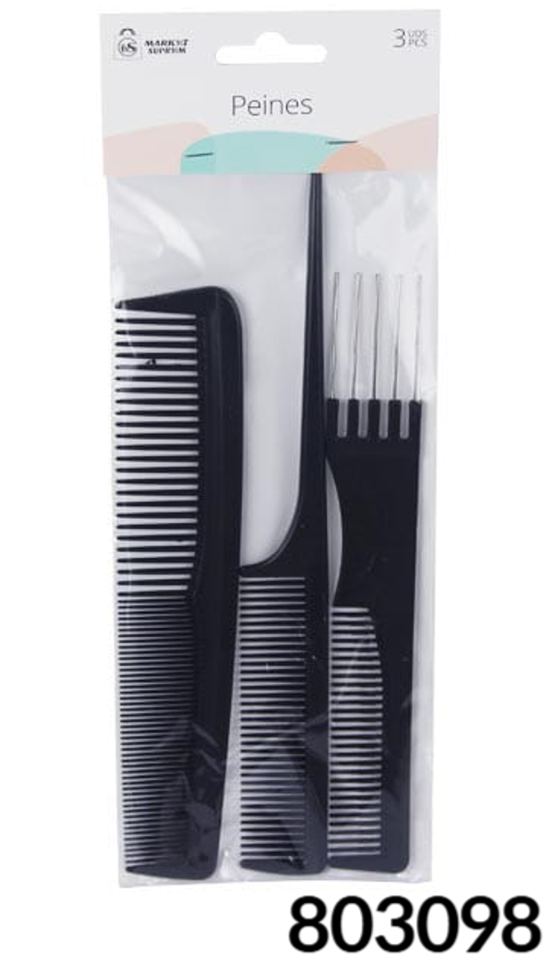 PEINE PLASTICO SET 3pz NEGROS BLISTER