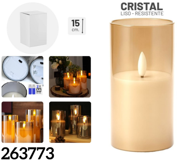 VELA LED CERA CRISTAL BRONCE 7,5x15cm