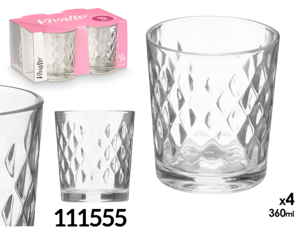 VASOS CRISTAL PACK4 DIAMANTE 360ml