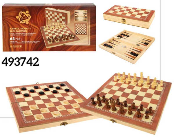 AJEDREZ+DAMAS+BACKGAMMON MADERA CAJA 31x16cm