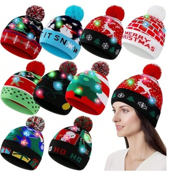 GORRO LANA POMPON NAVIDAD LUCES LED