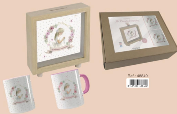 CONJUNTO TAZA+CUBILETE+HUCHA COMUNION NIÑA