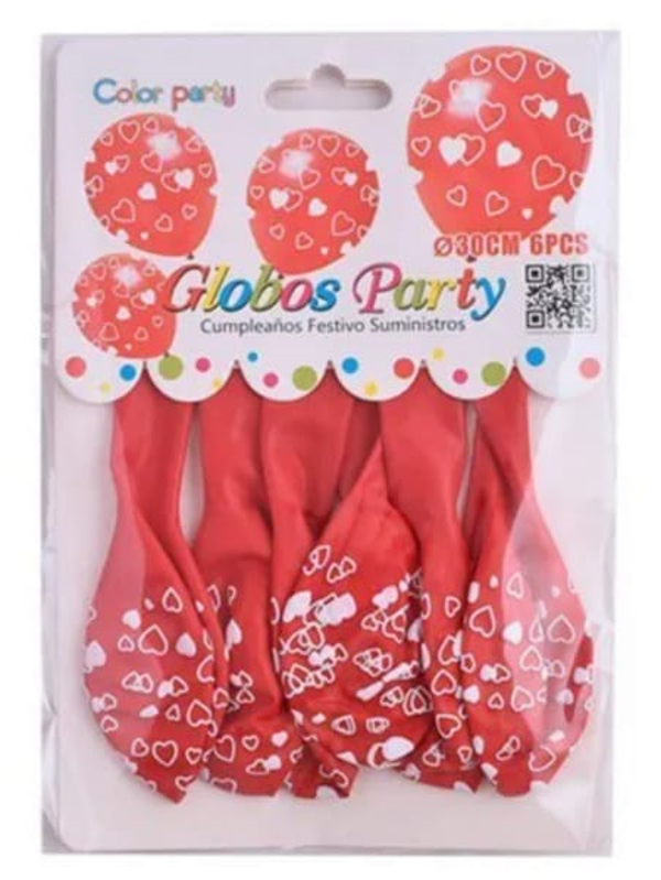 GLOBOS ROJOS DECORADOS CORAZONES 6ud (12)
