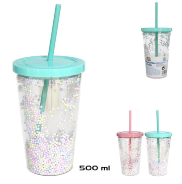 VASO PLASTICO BOLITAS PAJITA 500ml