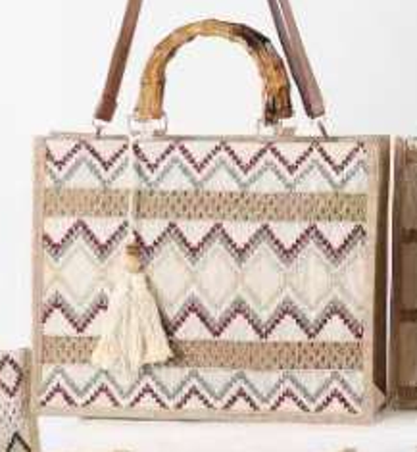 BOLSO TEJIDO ETNICO ASA MADERA 42x36cm