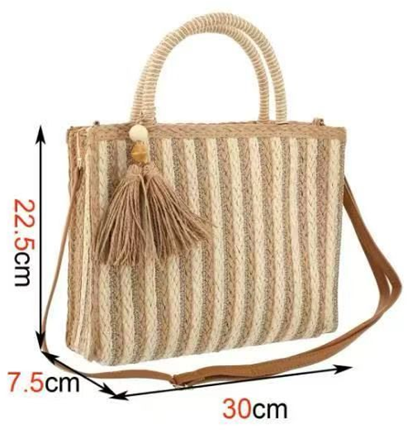BOLSO MIMBRE RAYAS BORLAS 30x23cm