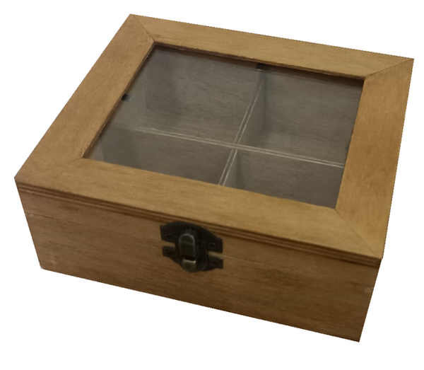 CAJA MADERA 4DEPARTAMENTOS TAPA BROCHE 16x16cm