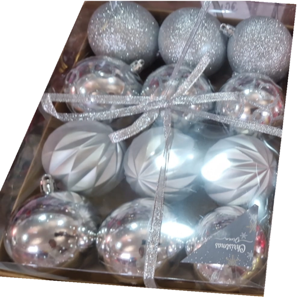BOLAS NAVIDAD SET 12PIEZAS 8cm PLATA