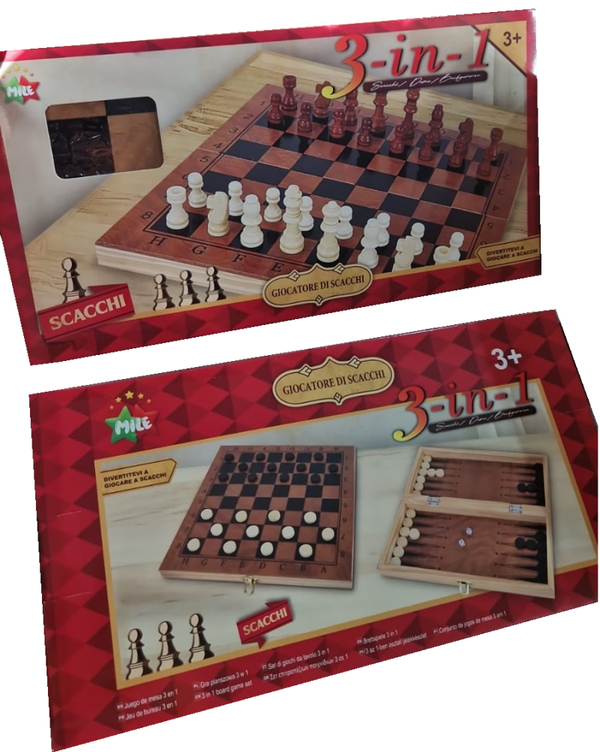 TABLERO AJEDREZ+DAMAS+BACKGAMMON MADERA CAJA