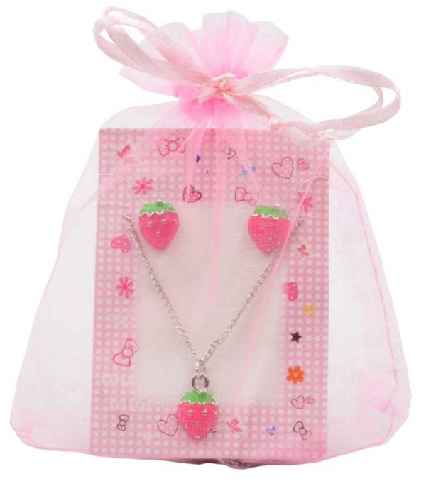 CONJUNTO PENDIENTES+COLLAR FRESAS BOLSITA