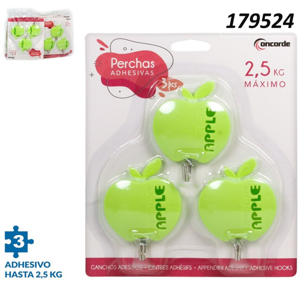 PERCHA ADHESIVA MANZANA 3ud BLISTER