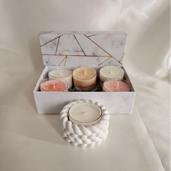 6 Duft-Teelichter in Geschenkbox + Teelichthalter