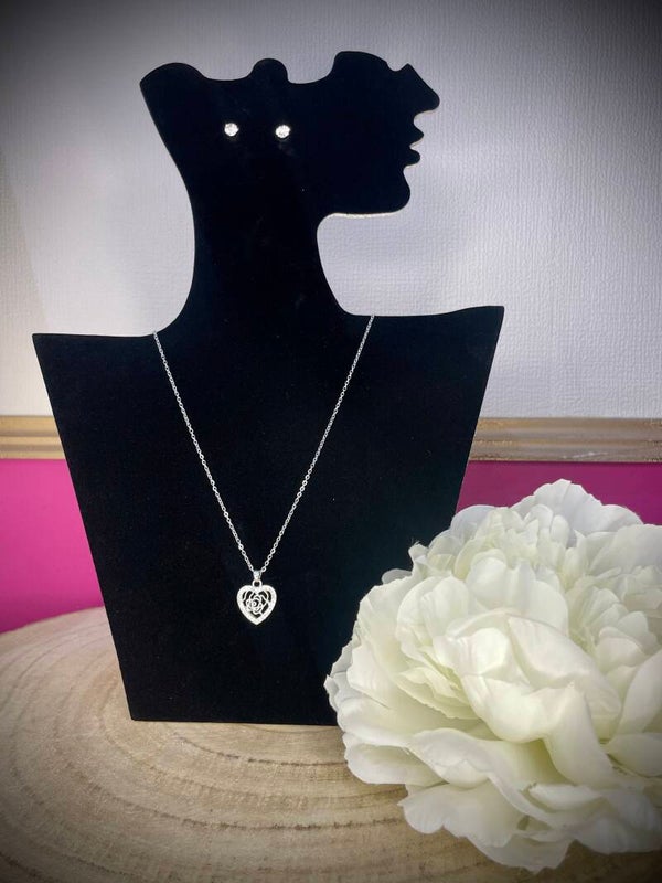 Parure élégante en acier inoxydable – Collier & boucles d’oreilles avec strass et motif