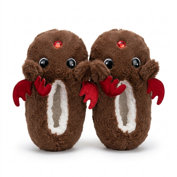 Chaussons confortables renne en peluche marron