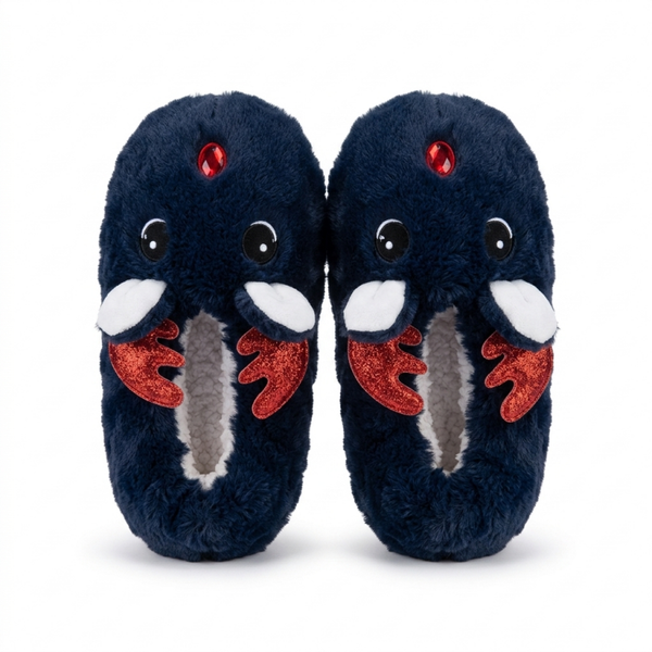 Chaussons confortables renne en peluche bleu marine