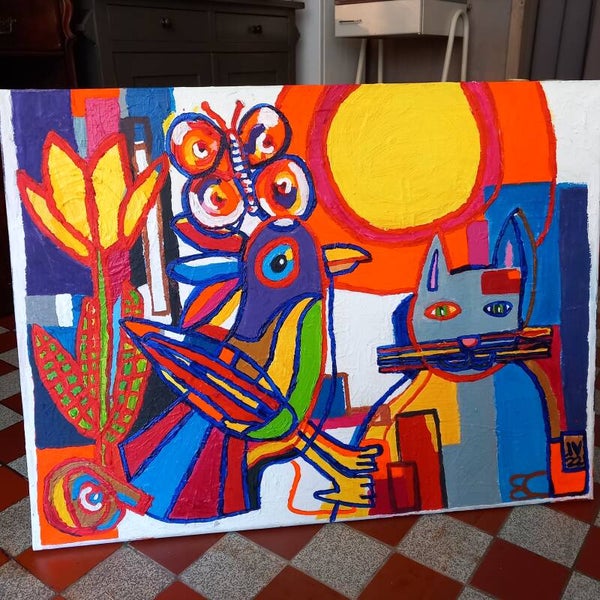 Cobra stijl schilderij van Ivo Vincken 2022, 80x60 cm.