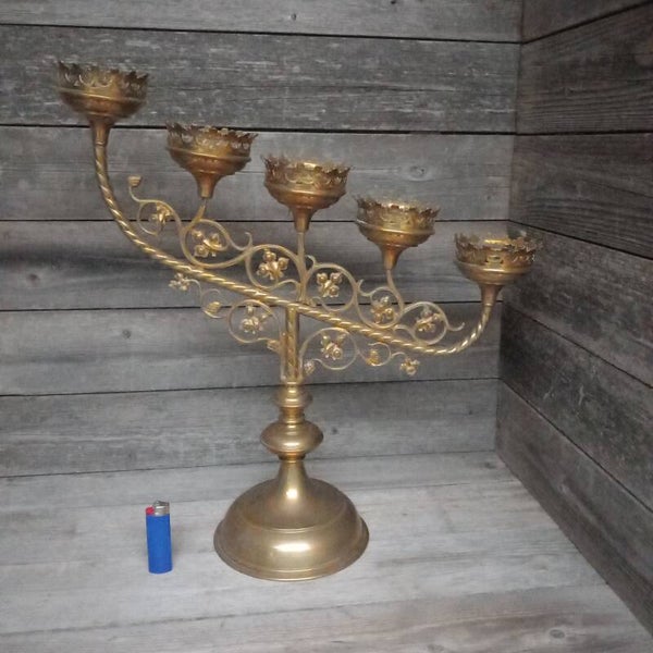 Vijf armige koperen kandelaar.