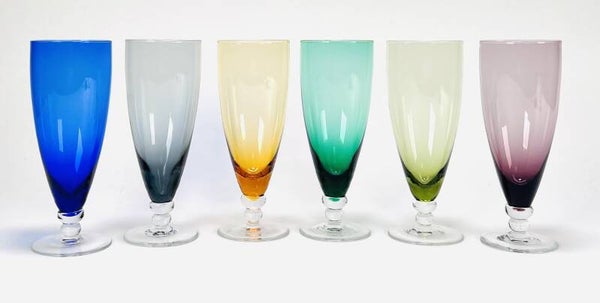 Serie van zes bierglazen, serie Carnaval, Max Verboeket, Kristalunie Maastricht.
