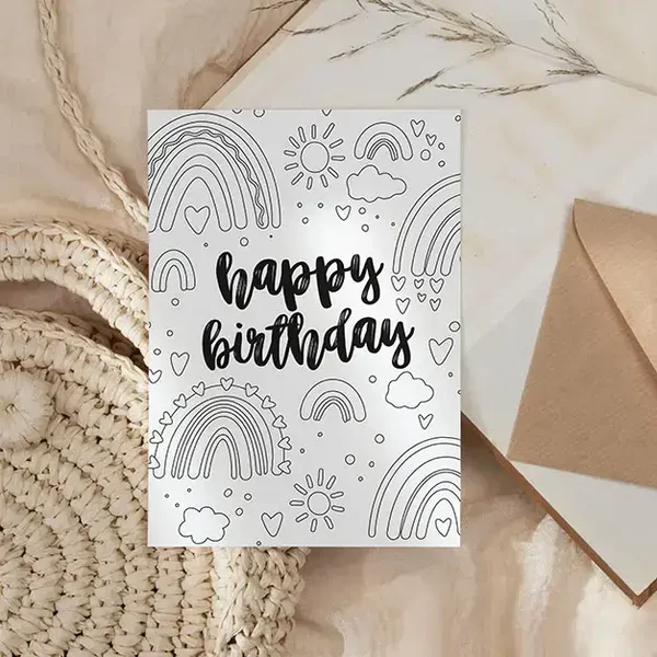 Kaarten | Inkleurkaart Happy Birthday rainbow
