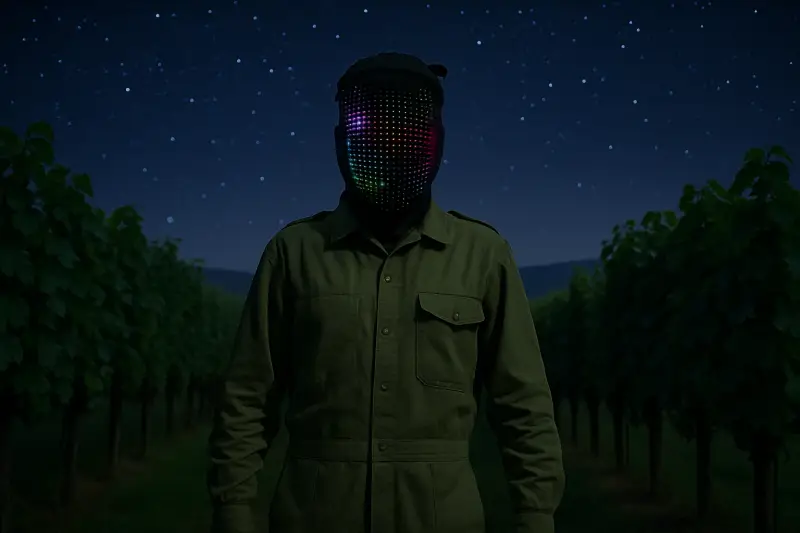 Areisha wearing a glowing LED mask, standing grounded while looking at the night sky – symbolic visual for blog about popstars in space and honest music.