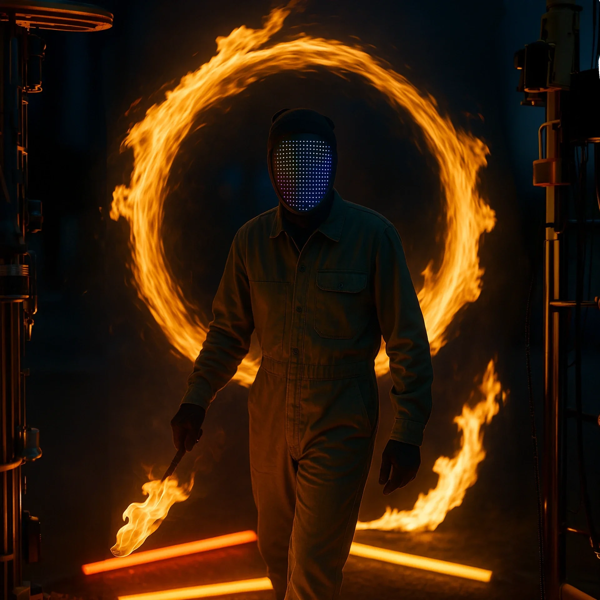 Areisha steht in einem feurigen Lichtkreis, trägt einen olivgrünen Overall und die charakteristische LED-Maske ohne Sehschlitze; im Vordergrund brennt eine Fackel, umgeben von rot-orange-gelben Neonröhren, cineastische Nachtatmosphäre.