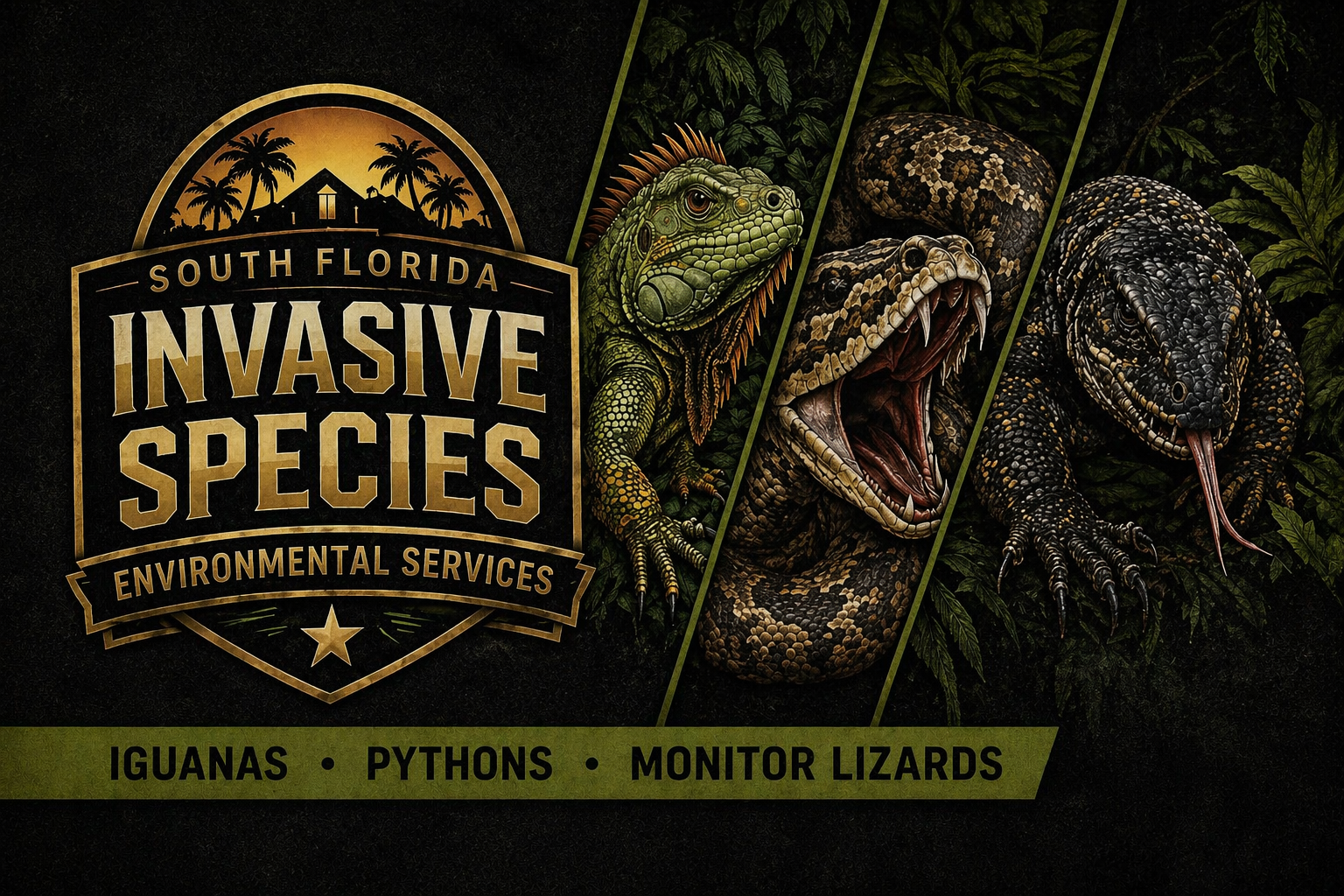 South Florida Invasive Species Environmental Services branding featuring an iguana, python, and monitor lizard