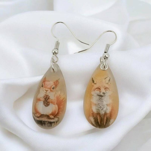 💧Boucles d'oreilles - Collection Gouttes Enchantées - Les Animaux des Bois - 30 mm.