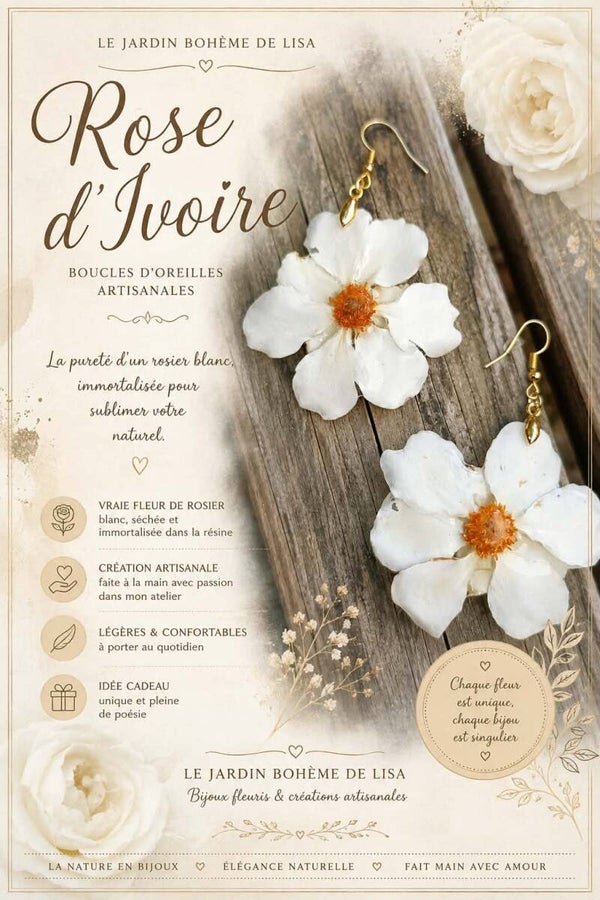 🤍Boucles d'Oreilles fleurs séchées - "Rose d'Ivoire".