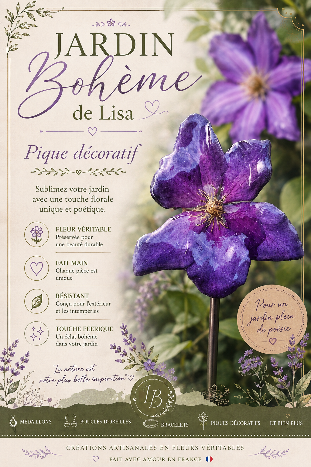 🪻Pique Décoratif "Clématite" – Bijou de Plante Bohème.🪻