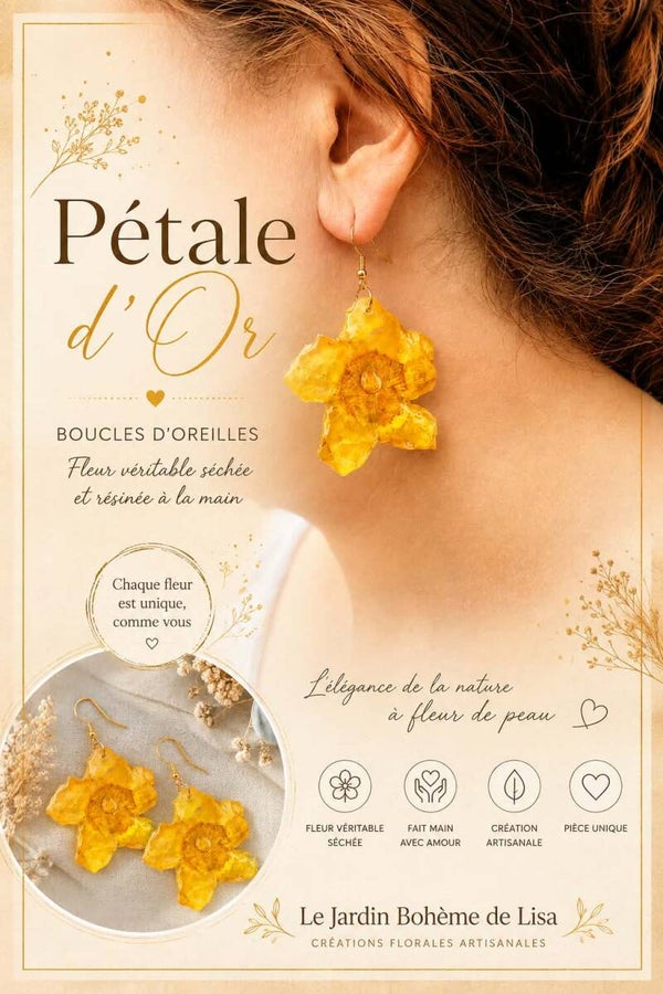 🌼 Boucles d'Oreilles fleurs séchées - "Pétale d’Or". ✨